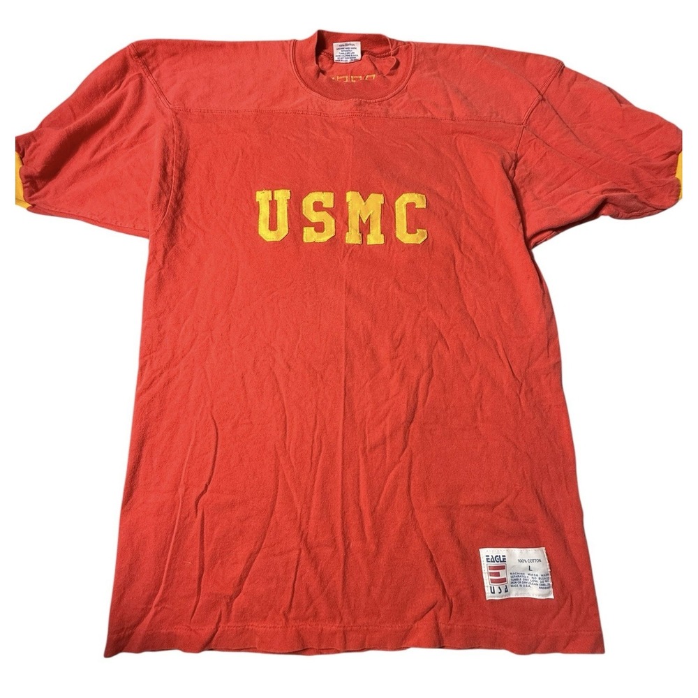 Vintage USMC Football Jersey T-shirt Ringer 24 Eagle USA Red Yellow Cotton Large